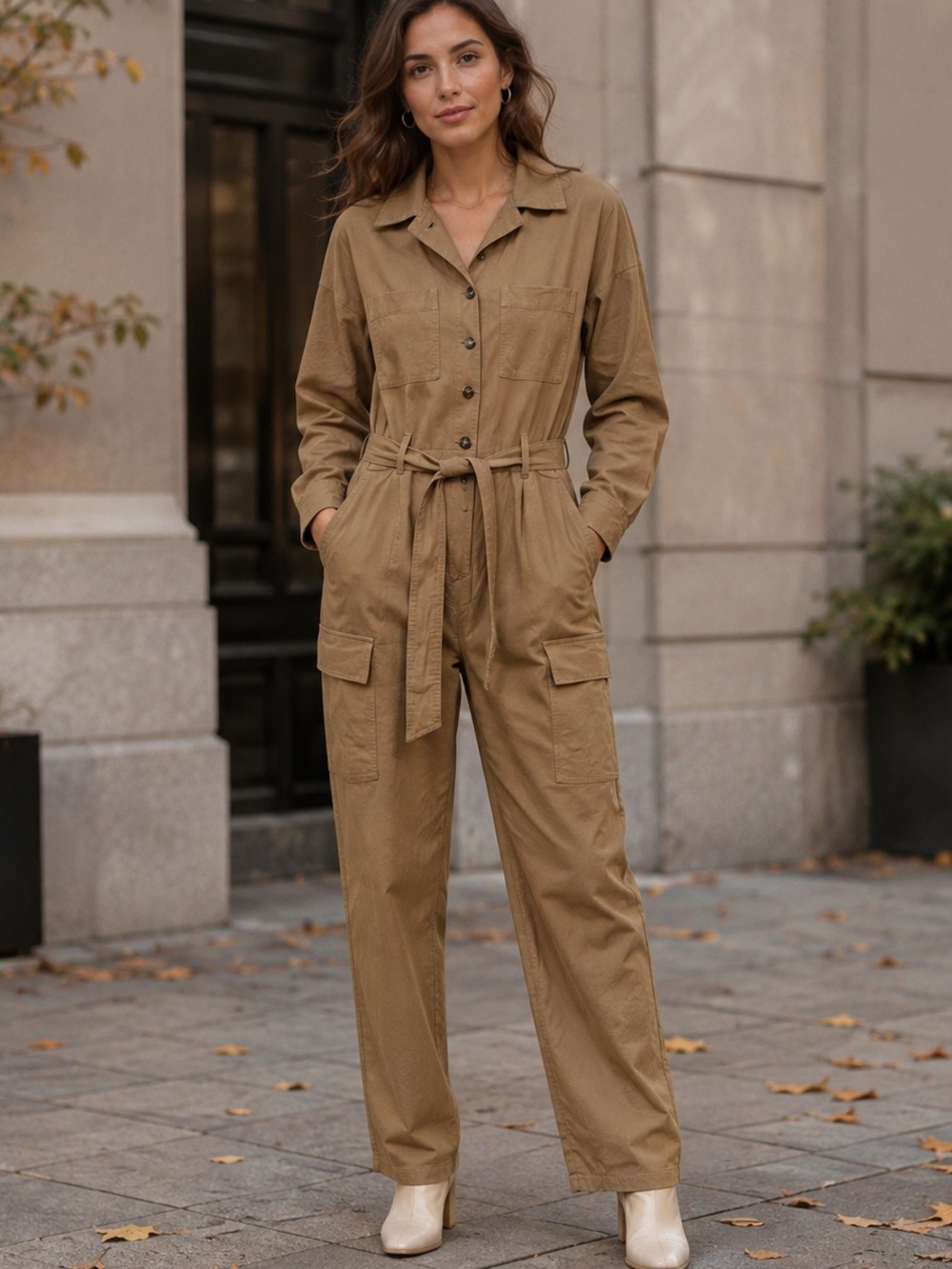 H&M Camel Brown Utility Cargo Jumpsuit Belted Size S